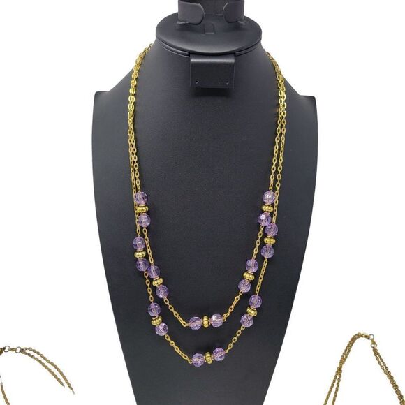 Necklace Opera 28" Gold Tone Chain Pastel Beaded Pink Blue Purple 3pc Set - Picture 5 of 13